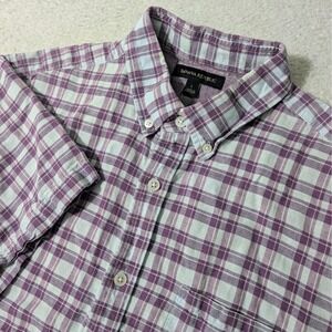 Banana Republic Button Down Mens L Purple Plaid Linen Cotton Short Sleeve